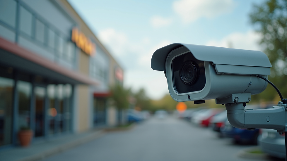 Close-up view of a security camera monitoring a business parking lot