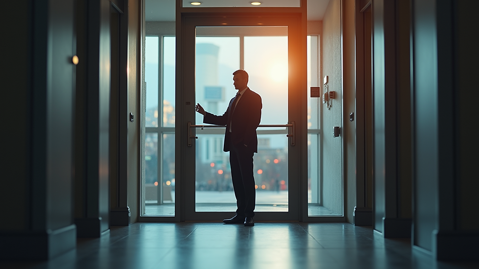 Eye-level view of a security expert inspecting a business entrance