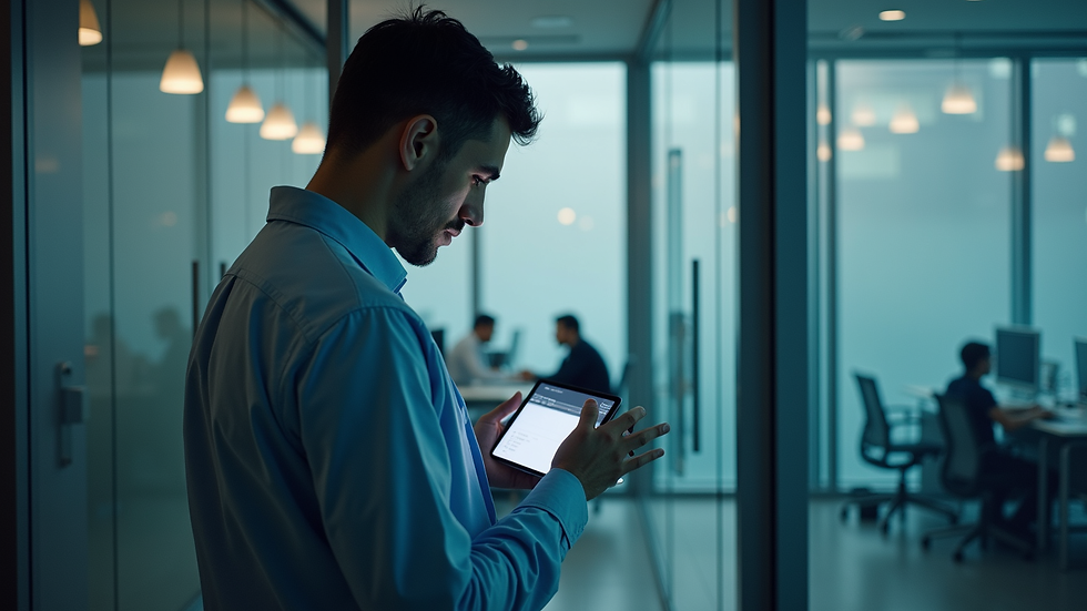 Eye-level view of a technician using a bug detection device in an office