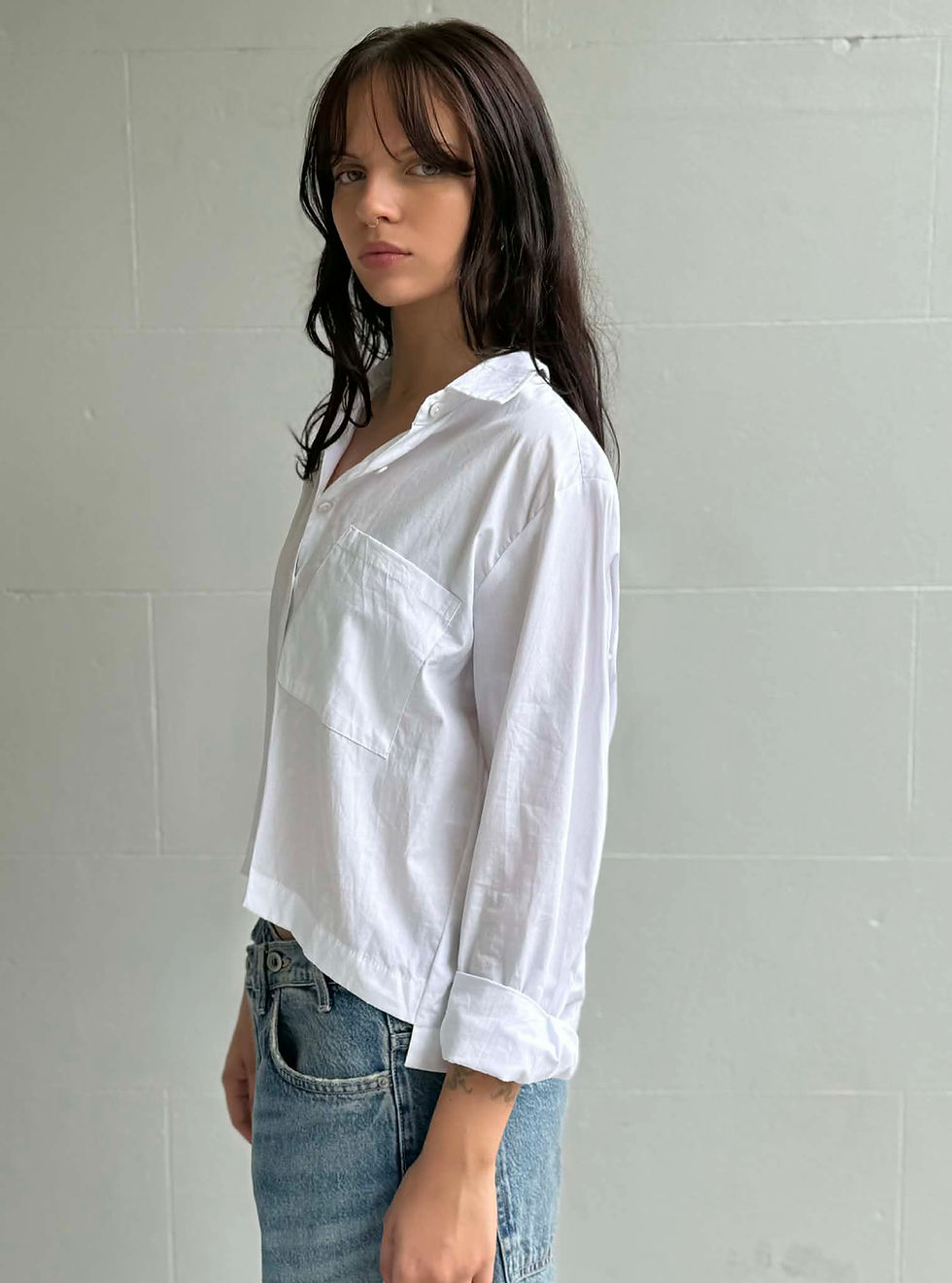 Thumbnail: White Button up cropped Japanese cotton shirt modern basics capsule range