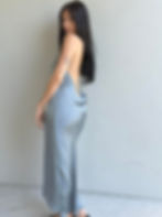 Ludlow low back cowl back midi dress shown in stunning Steel Blue is made from sustainable viscose silky satin. Midi length w