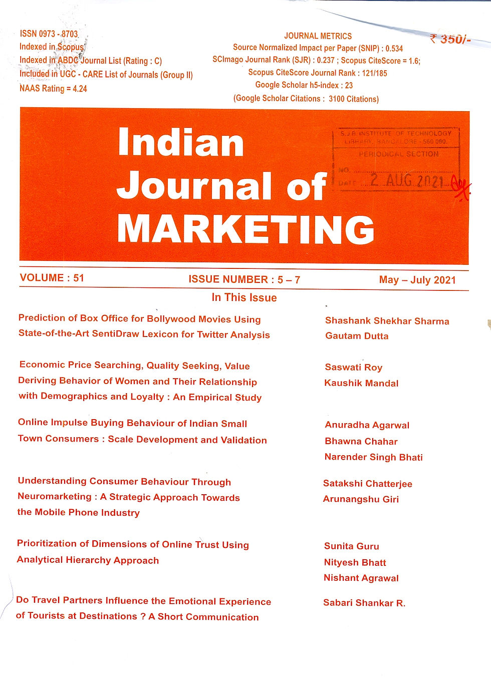 Indian Journal of Marketing: May-July 2021, Vol - 51, Issue - 05-07