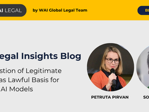 WAI Legal Insights Blog banner features two women, text on "Legitimate Interest for AI Models", and a yellow header for a blog series.