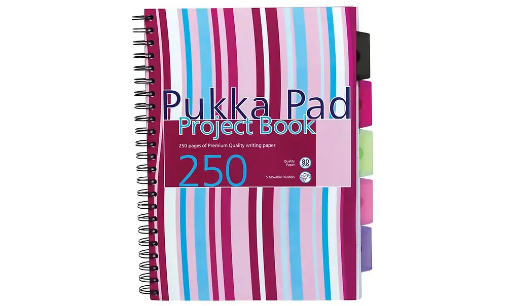 Pukka Pad Stripes A4 Wirebound Pink Poly Cover Project Book Ruled 250 Pages