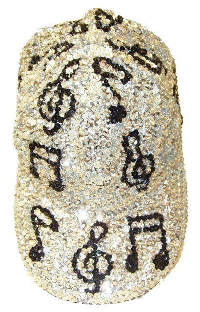 Sequin Baseball Cap Silver w/Black Music Notes