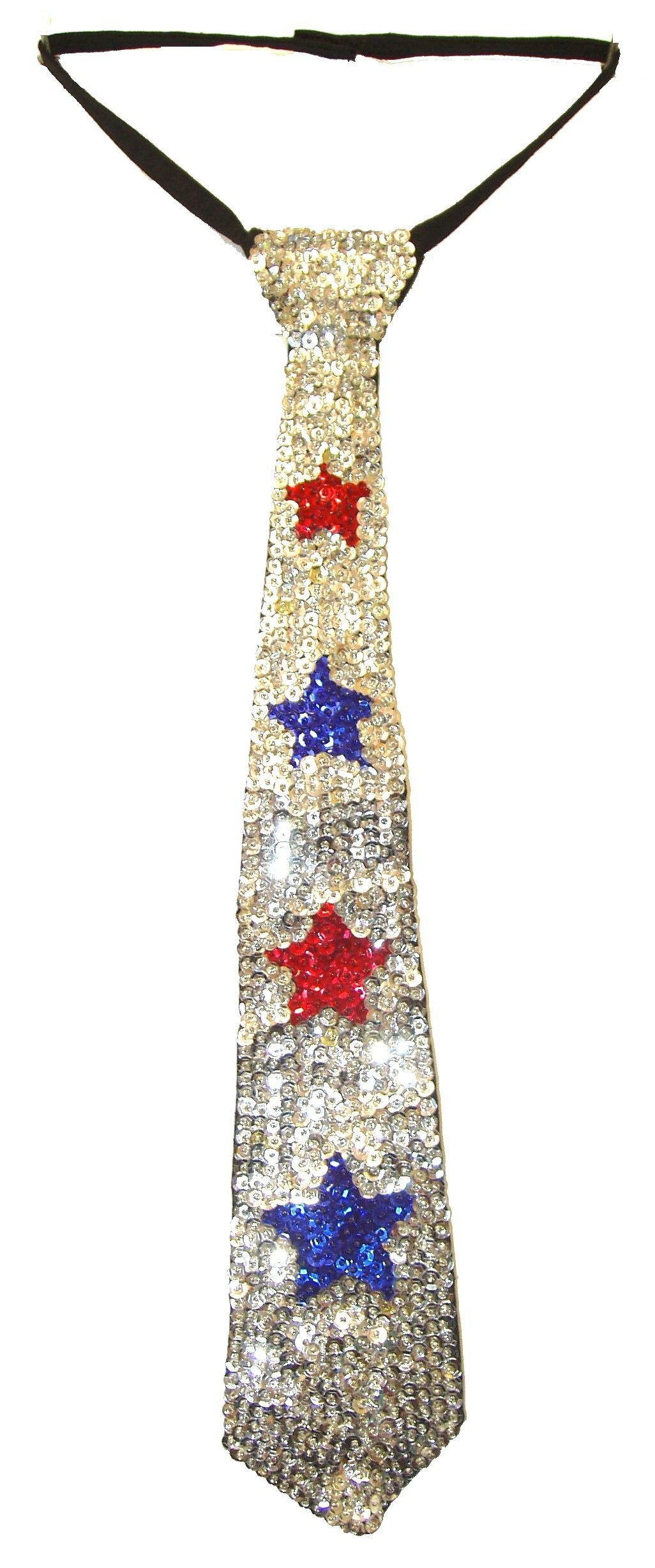 Sequin Neck Tie Silver w/Red & Blue Stars Adult Unisex