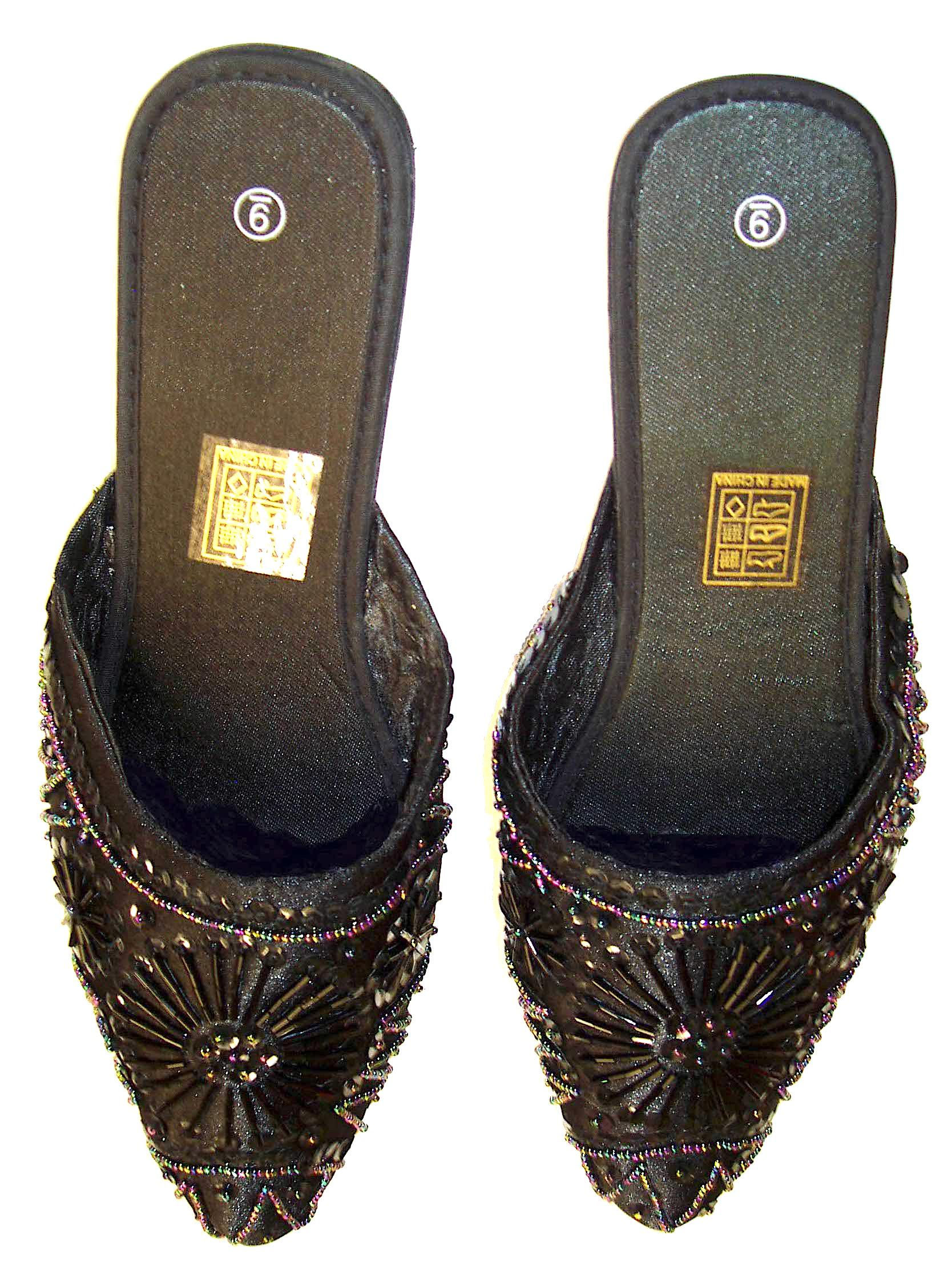 Sequin Satin Beaded Slippers BLACK