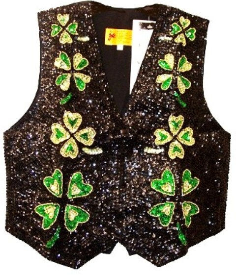 Sequin Vest BLACK with SHAMROCK and Gold Beads