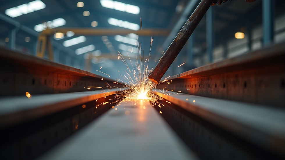 Eye-level view of steel beams being welded in a fabrication shop