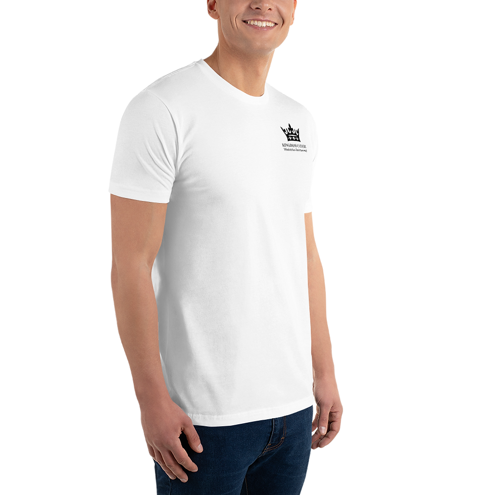 Thumbnail: Men's short-sleeved t-shirt with a black KCMI logo on the front and mission on the back.