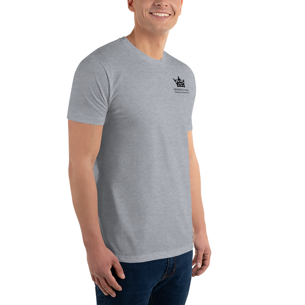 Thumbnail: Men's short-sleeved t-shirt with a black KCMI logo on the front and mission on the back.