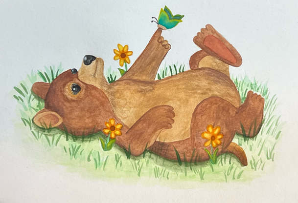 A watercolor scene of a bear and butterfly by Kelly Valencia.