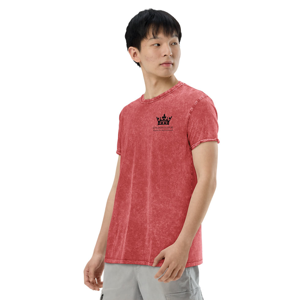 Thumbnail: Unisex denim t-shirt with a black KCMI crown logo.