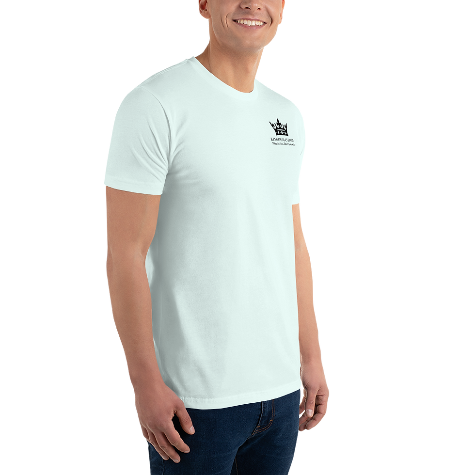 Thumbnail: Men's short-sleeved t-shirt with a black KCMI logo on the front and mission on the back.