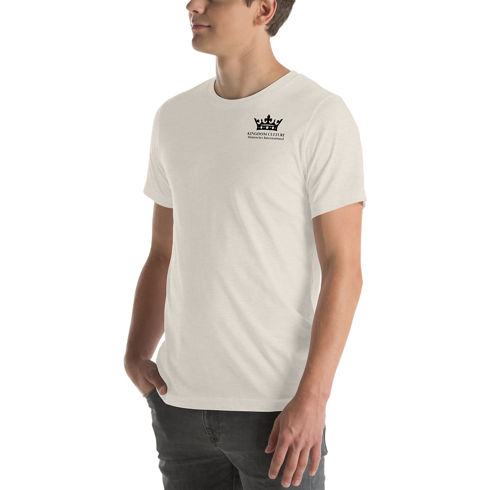 Thumbnail: Unisex t-shirt with a black KCMI crown logo on the front and the mission on the back.