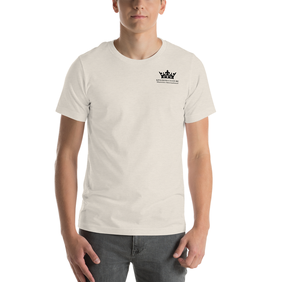 Thumbnail: Unisex t-shirt with a black KCMI crown logo on the front and the mission on the back.