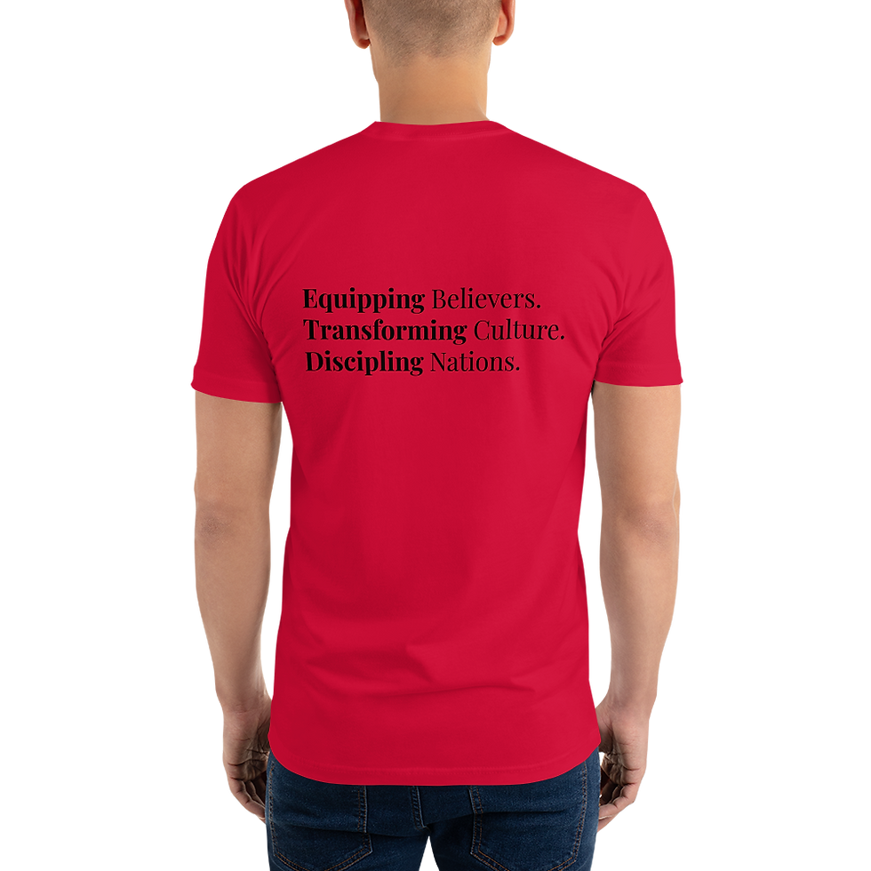 Thumbnail: Men's short-sleeved t-shirt with a black KCMI logo on the front and mission on the back.