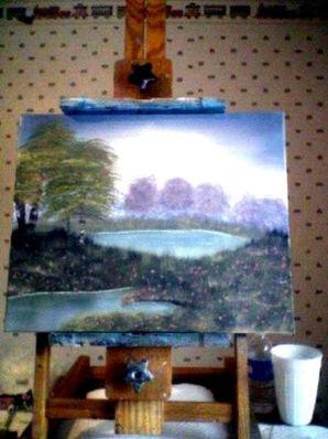 An oil painting of a peaceful meadow with cherry trees in bloom on the horizon by Kelly Valencia.