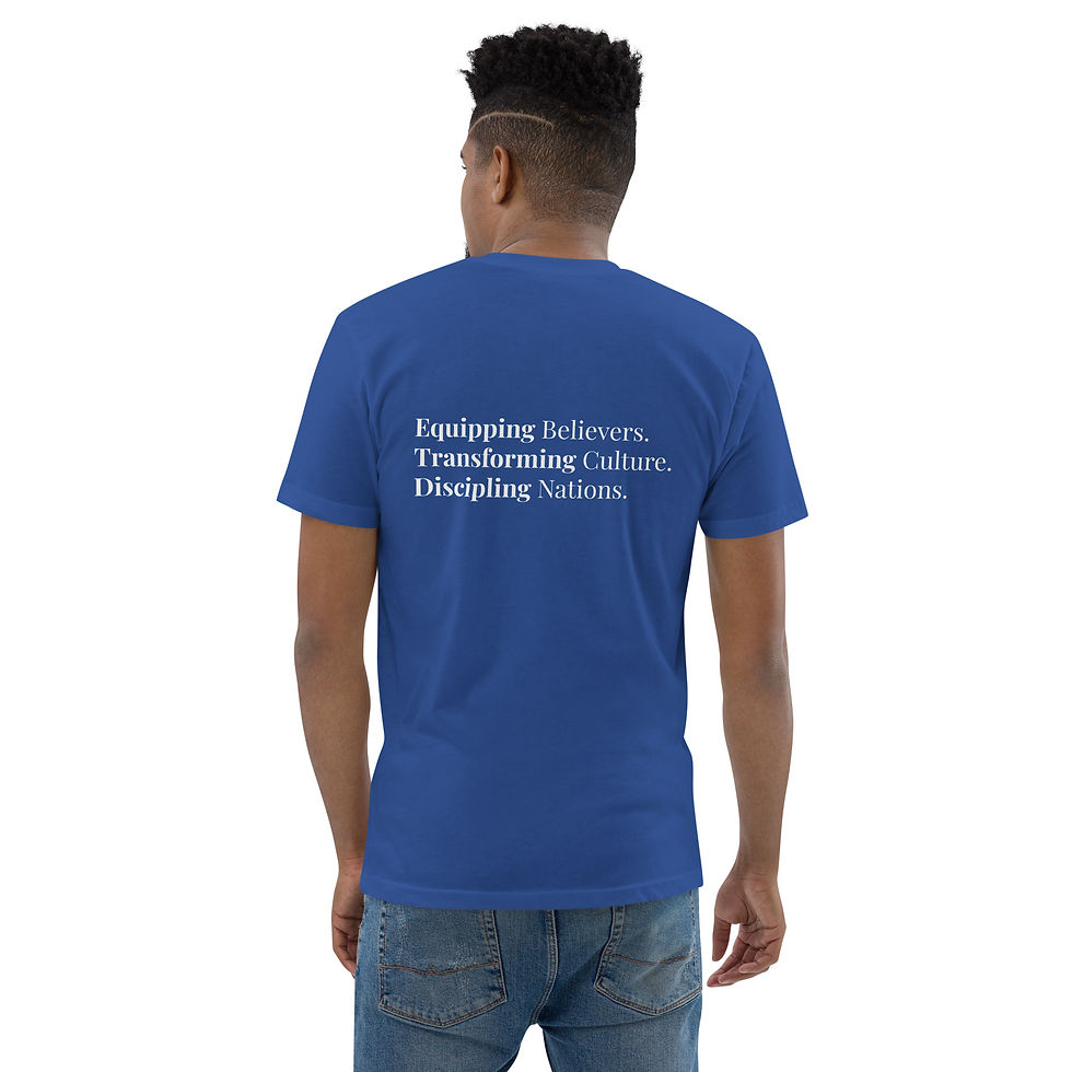 Thumbnail: Men's short-sleeved t-shirt with a white KCMI logo on the front and the mission on the back.