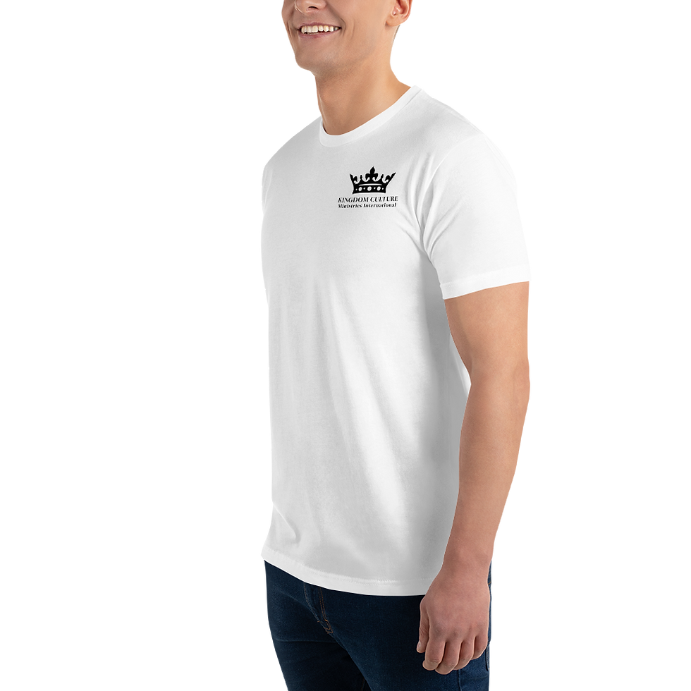 Thumbnail: Men's short-sleeved t-shirt with a black KCMI logo on the front and mission on the back.