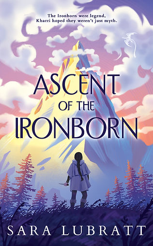 Ascent of the Ironborn book cover. Colorful mountain sunset and girl approaching the mountain