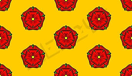 Vector image of Lancashire Rose, red petals, green leaves and yellow centre on a yellow background. Small, close repeat