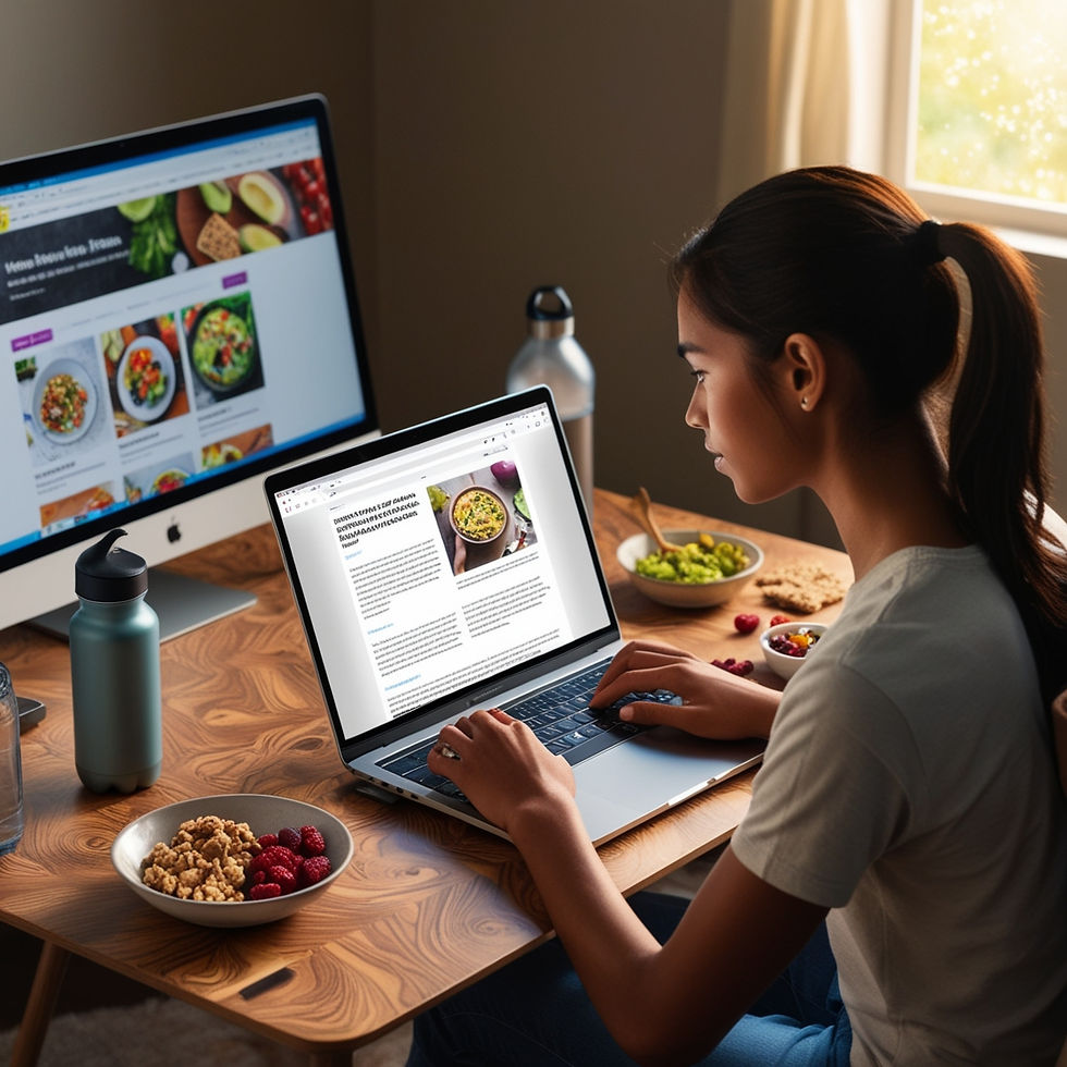 Woman reading about nutrition on her laptop.