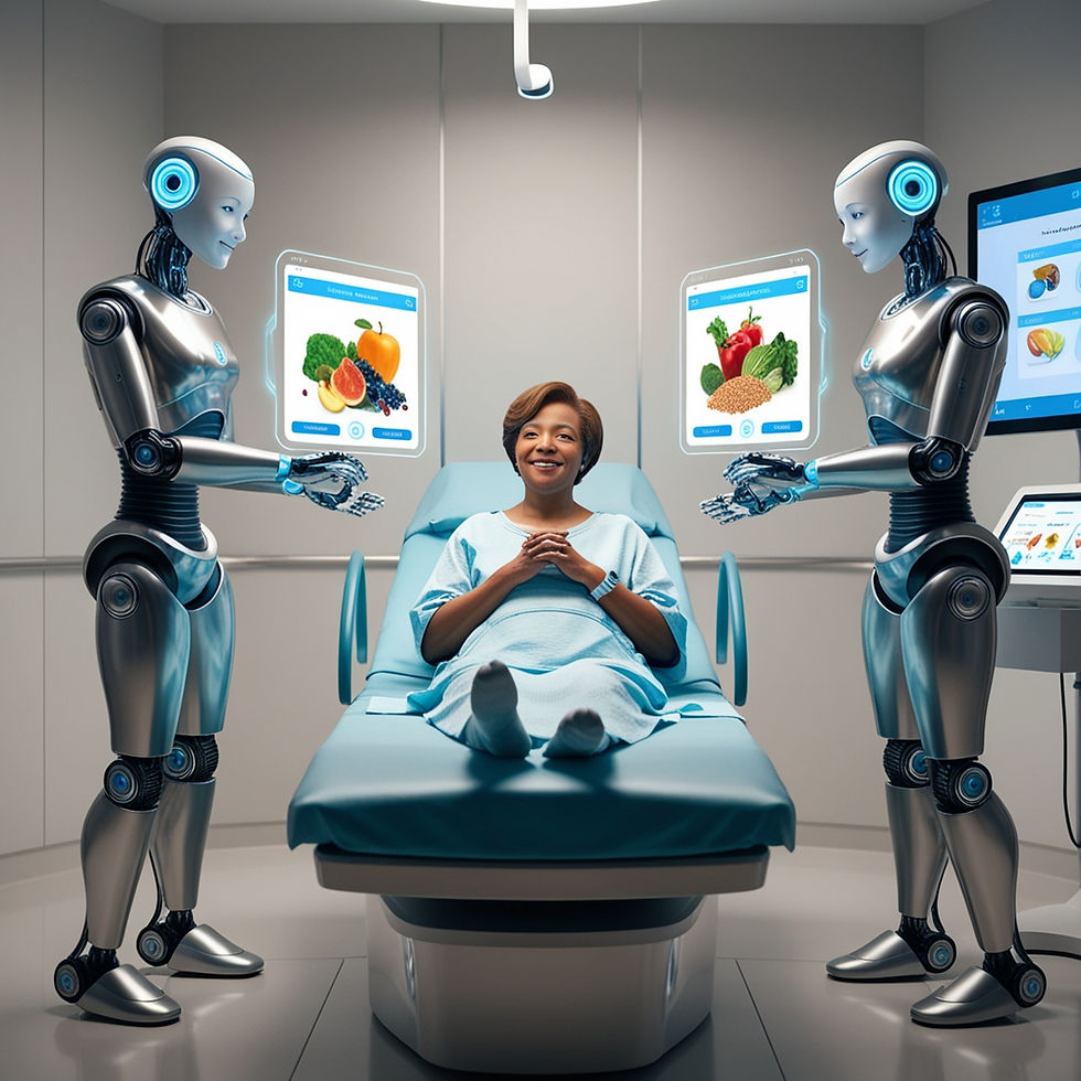 Robots delivering nutrition guidance to a patient.