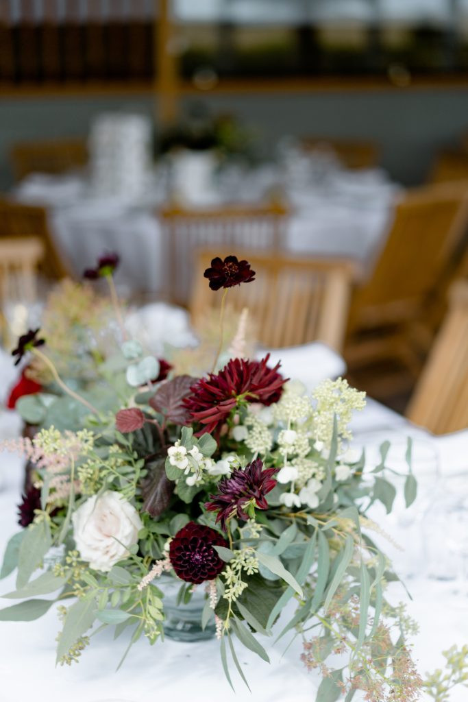 Dahlia table decorations at Stone Barn