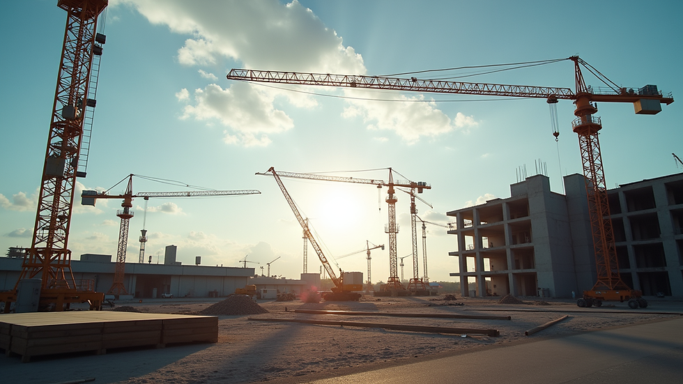 Eye-level view of a construction site with cranes and building materials