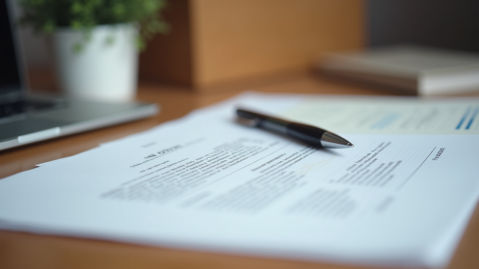 Close-up of legal documents and a pen on a wooden desk