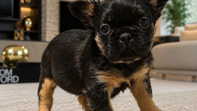 Black and Tan Fluffy French Bulldog In living room floor