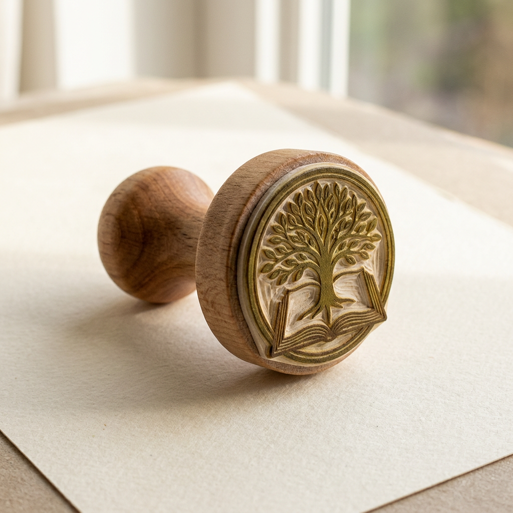 A handcrafted ex libris stamp with a wooden base