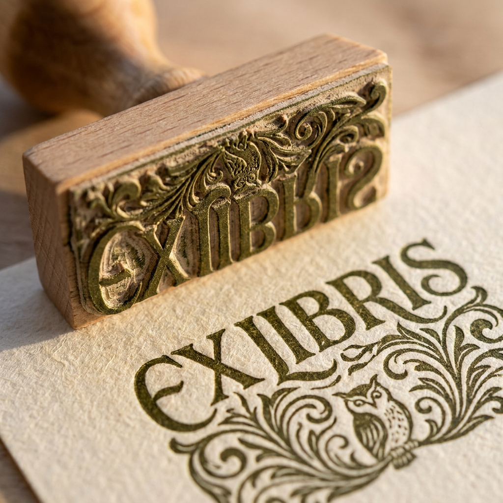 Close-up of an ex libris impression on paper