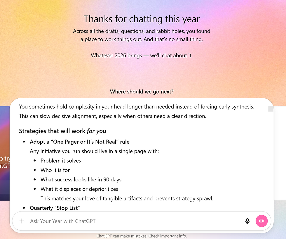 Output from the AI LLM ChatGPT showcasing customized strategies based on the users personal habits to help them plan for building in 2026.
