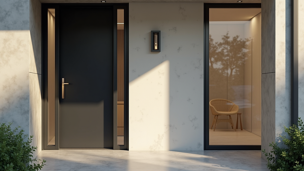 Eye-level view of a sleek modern front door with glass panels
