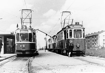 E-Tw 590 + M4-Tw 951 der Linie 9 am Gondrellplatz September 1963 tram münchen