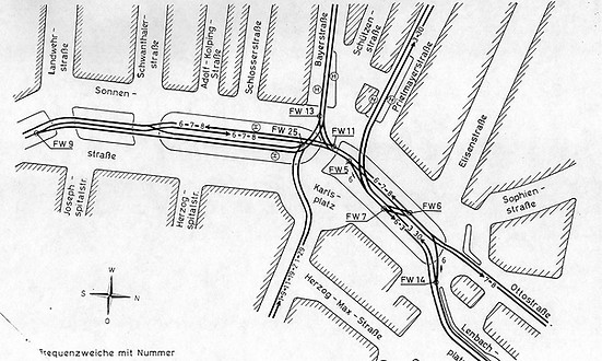 Streckenführung am 19.9.1967 noch mit Strecke zum Marienplatz Stachsu Karlsplatz