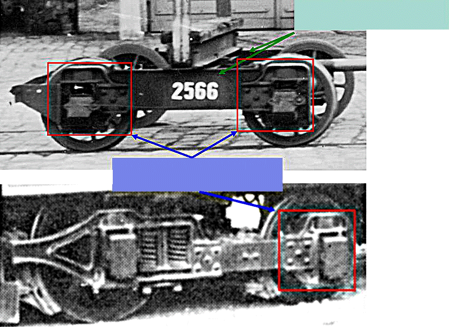 Dabei handelt es sich offensichtlich um Umbauten aus Typ .1 Drehgestellen ehemaliger A 1.1-Triebwagen. Da man aber gleich große Achsen einbauen wollte, um die Fahrwerke gleichmäßig in der Mitte zu belasten, hat man von den Typ .1 Drehgestellen die Achshalter der kleinen Laufachsen abgetrennt und je zwei Stück an eine neue Rahmenverbindung angenietet. So baute man aus acht ehemaligen Typ .1 Maximumdrehgestellen zwei symmetrische Drehgestelle für den Mastentransportschemmel. Schon toll, wie früher solche Großbetriebe gebrauchte Teile sinnvoll wiederverwertet haben! münchen Tram