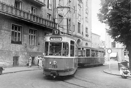 M3-Tw 789 + m3-Bw 1702 an der Endhaltestelle Nikolaiplatz im Juli 1959 tram München