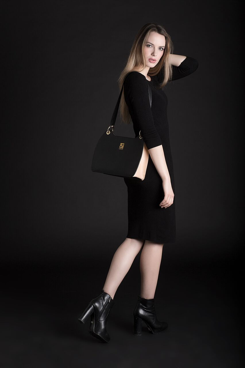 “Gentlady” Leather Handbag In Black/Cream By CFONTAN