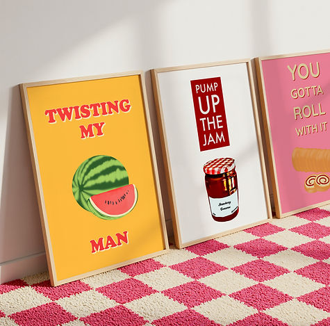 Typography wall art prints with witty song lyric puns – fun music-inspired posters for the home.