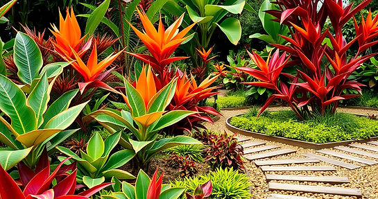 Vibrant colored tropical plants and wood chips for a walk path