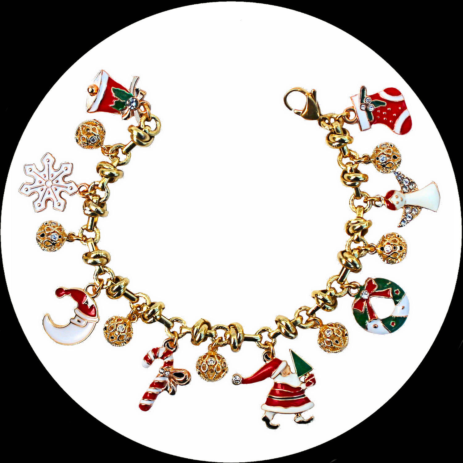 Christmas bracelet with enamelled charms and zirconia studded balls