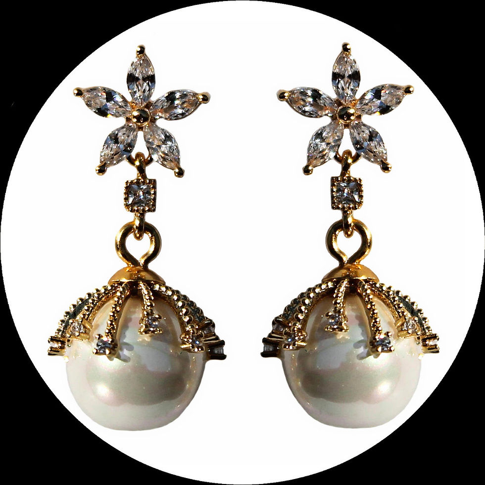 Zirconia-studded earrings with large pearls and flower-shaped tops