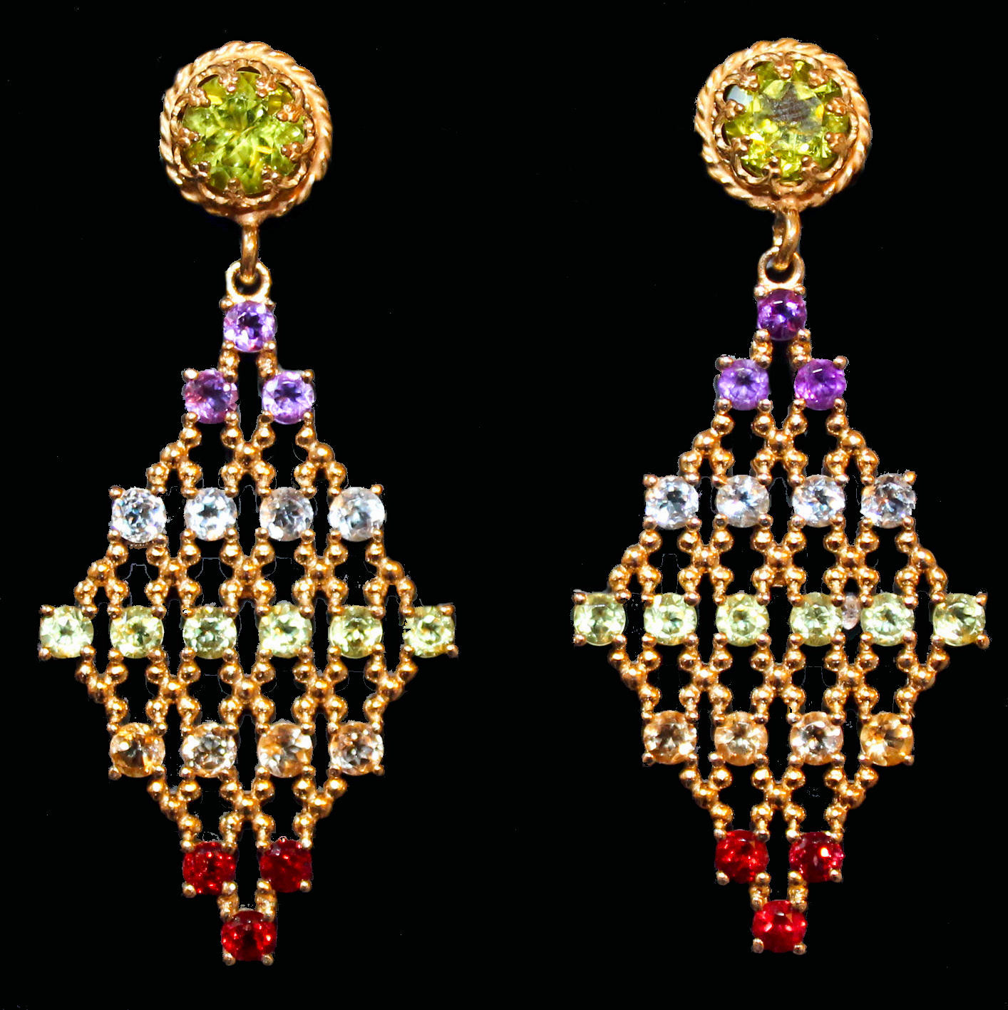 Rhomb shaped chandeliers with colourful gemstones in gold-plated silver