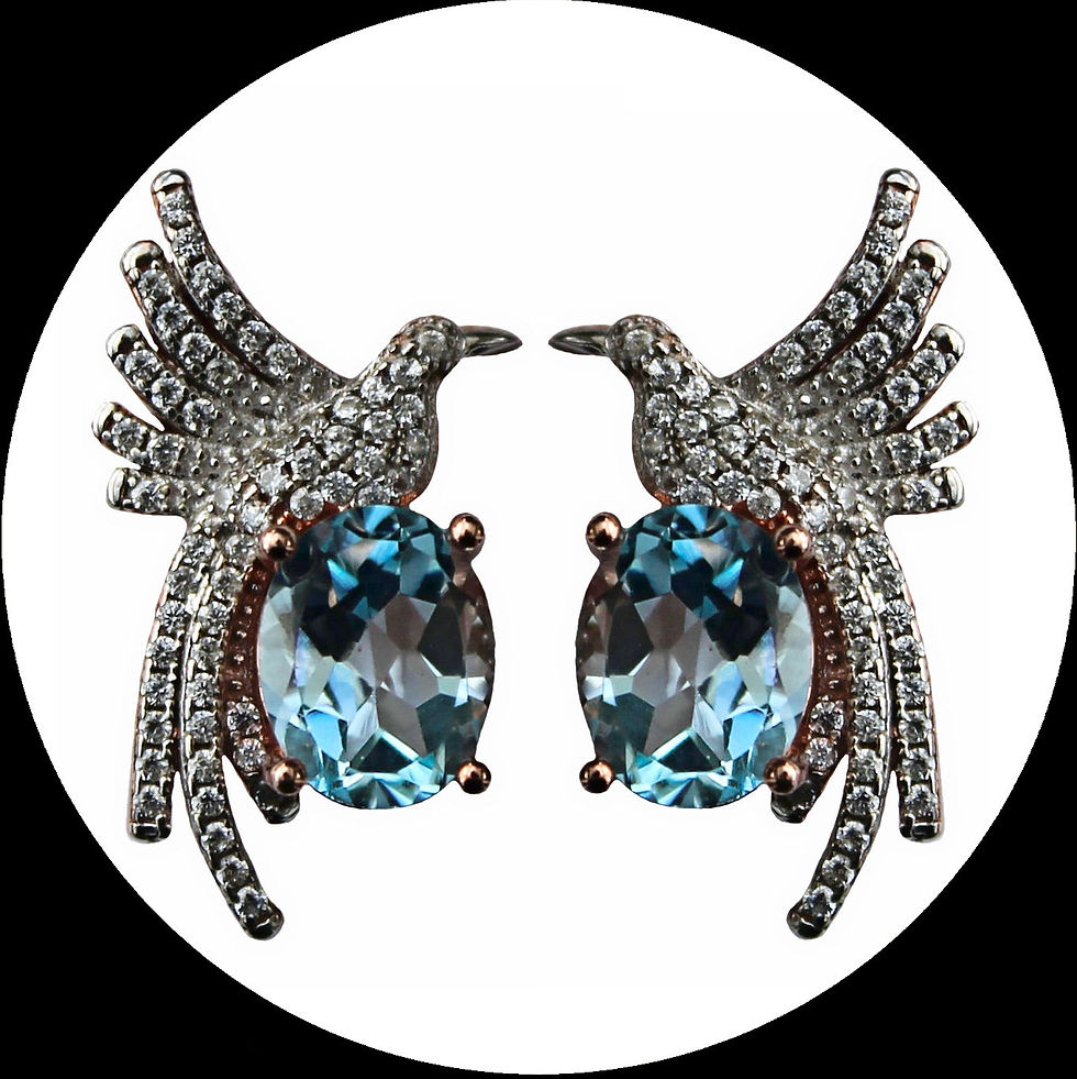 Boucles d'oreilles avec oiseaux et zircons cubiques et topazes en argent doré rose