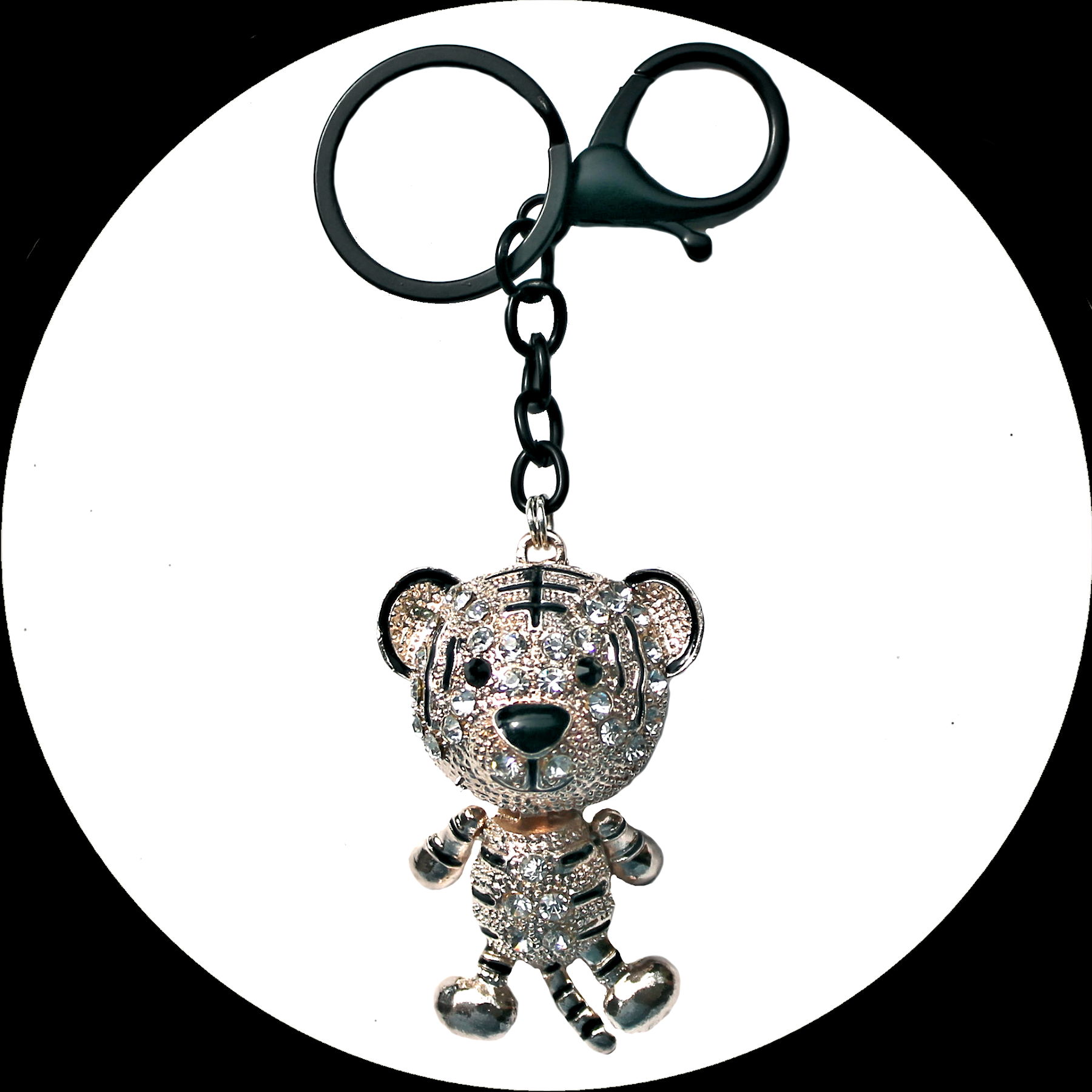 Portachiavi con tigre tempestata di strass in metallo color argento