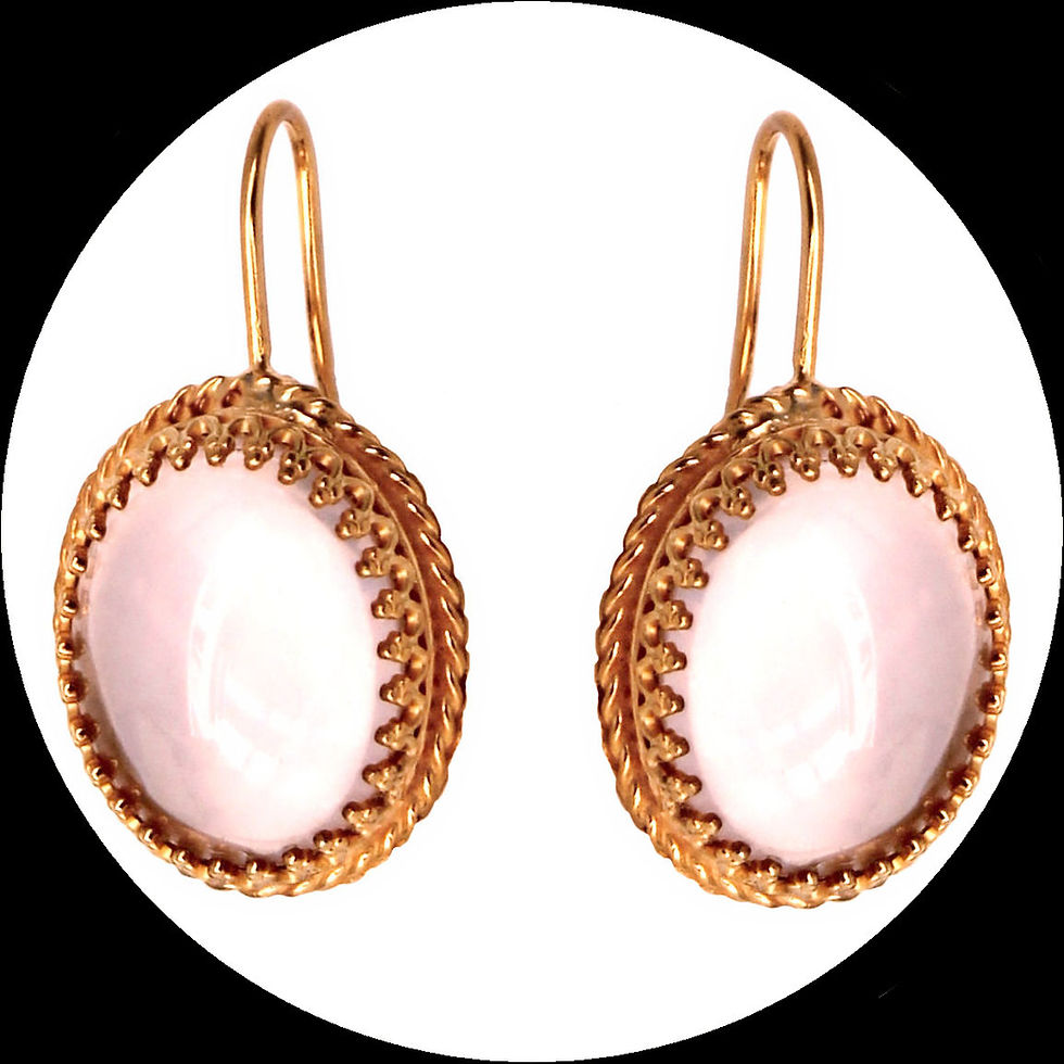 Crochets d'oreilles avec cabochons ovales en quartz rose, en argent 925 plaqué or