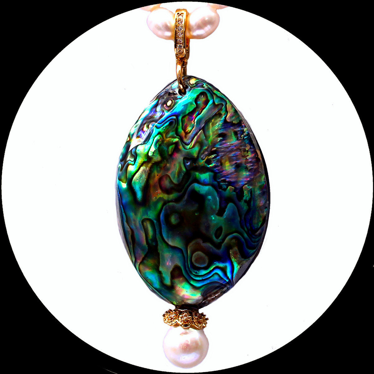 Clip pendant with large abalone shell and Edison pearl in gold-plated copper